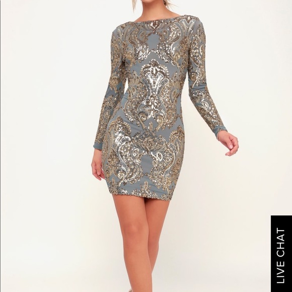 LuLu’s Blue and Gold Bodycon dress - Picture 3 of 6